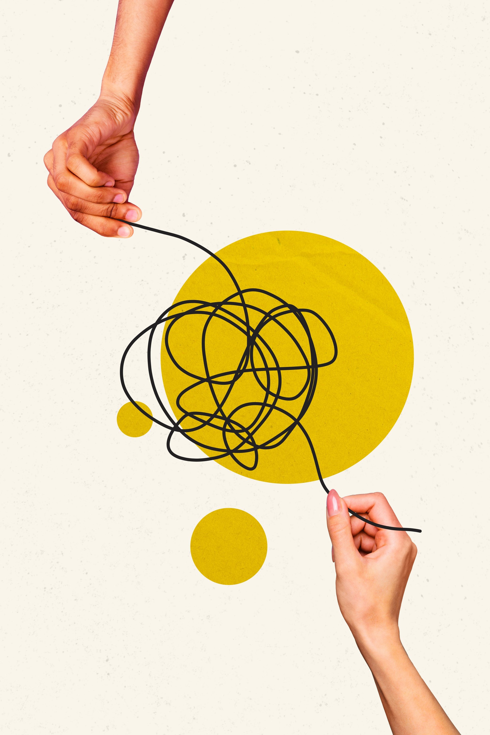 Poster image vertical photo collage of business people hands hold rope  tangled thread rope sewing craft fingers puzzle solution